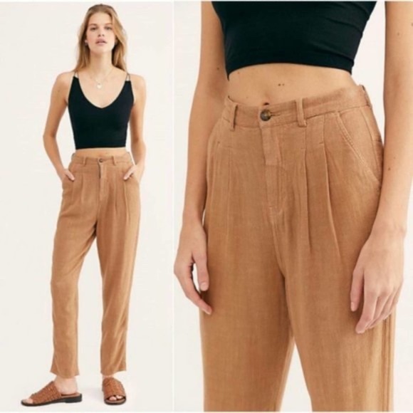 Free People Tan Linen Blend Straight Leg Ankle Trouser Pants Size 32 NWT